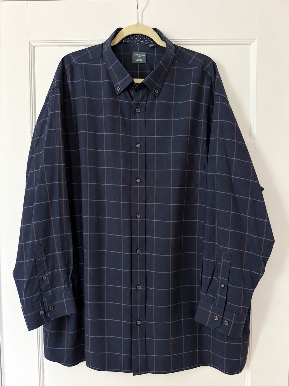 Leo Chevalier Men’s 3XL Button Down Shirt Navy Plaid Non Iron Long Sleeve